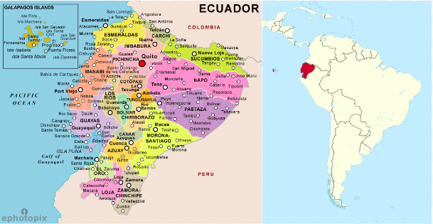 Ecuador is a Latin American country nestled on the Pacific Coast of South America.