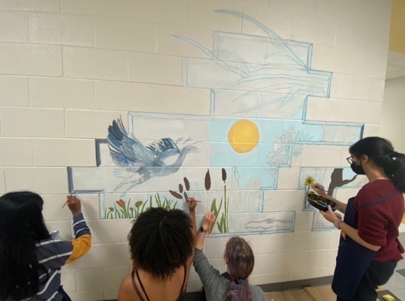 National Art Honor Society students work on the mural afterschool. Photo from M. Molinaro.