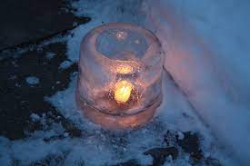 Ice lanterns are made with buckets, cold temperatures, water, and fire.