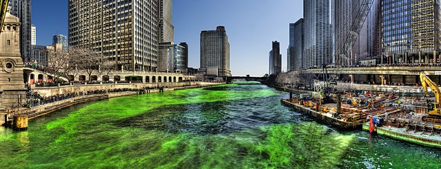 The Chicago River dyed green on St. Patricks day in 2009.