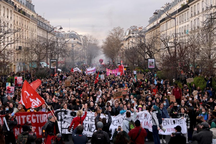 Protesters attend a demonstration part of nationwide strikes/protests against French governments pension reform in Paris, France, March 28, 2023. 