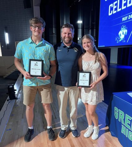 The Spring Directors Award Winners, Chorley Truitt (Right) from the track & field team and Levi Gingerich (Left) from the baseball team, standing with Athletic Director, Colin Fegeley.