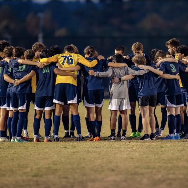 The mens soccer team before taking the field for the first-round state playoff game. 