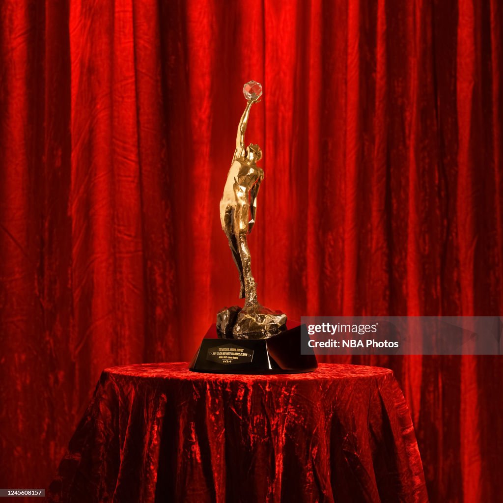 LOS ANGELES, CA - DECEMBER 07: A detailed photo of The Michael Jordan Trophy awarded to the NBA Most Valuable Player taken on December 7, 2022 in Los Angeles, California. 
(Photo by Andrew Kenney/NBAE via Getty Images)