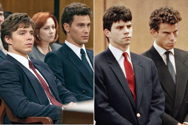 The actors, Nicholas Chaves and Cooper Koch side by side with the real Menendez brothers, Lyle and Erik. 
