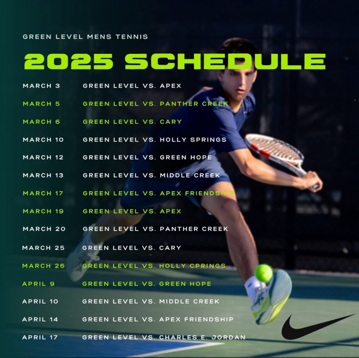 Green Level’s Men’s tennis team’s schedule for the 2025 season