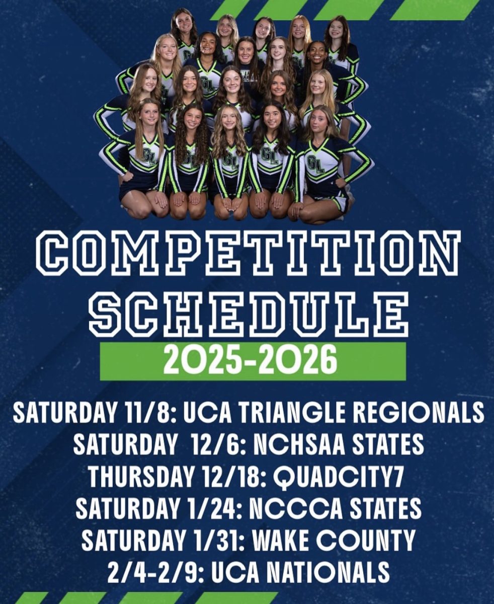 The varsity cheerleading squad released their 2025-2026 competition schedule, starting with the UCA Triangle Regionals on November 8.