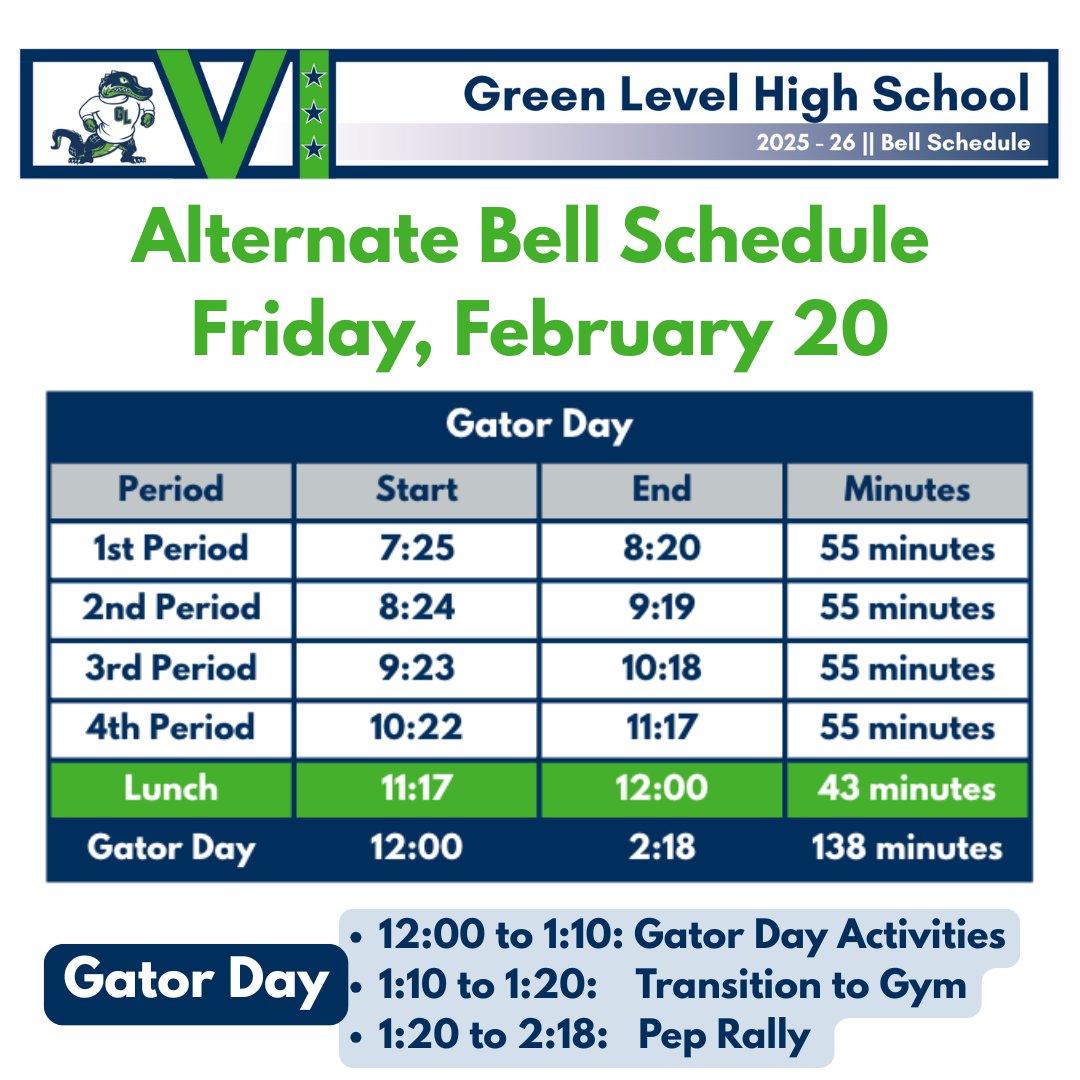 The alternate schedule for Gator Day 2/20