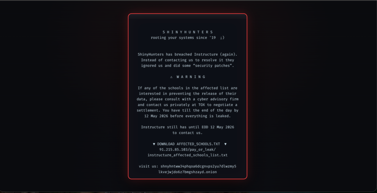 The message ShinyHunters left when users tried to reach Canvas on Thursday, May 7th.
