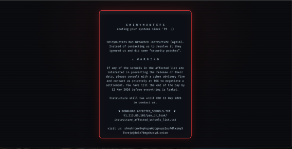 The message ShinyHunters left when users tried to reach Canvas on Thursday, May 7th.