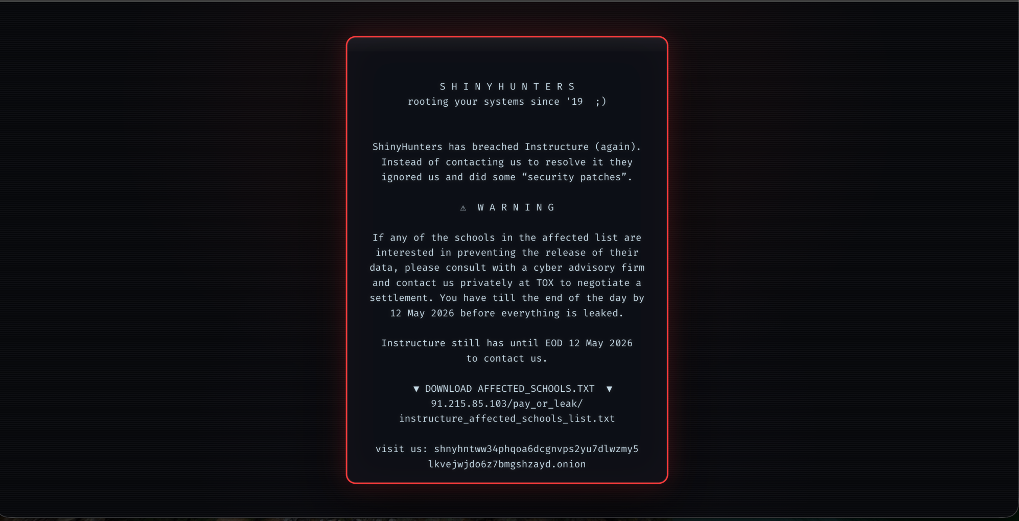 The message ShinyHunters left when users tried to reach Canvas on Thursday, May 7th. 